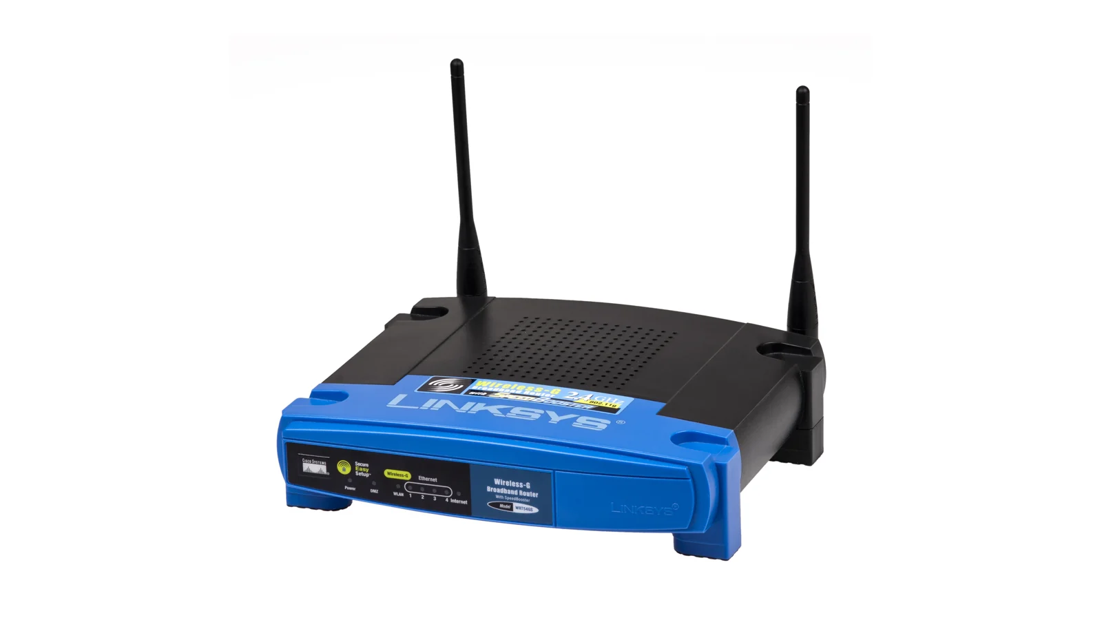 An older Linksys wireless router on a white background, illustrating equipment that may be reused as a wired access point.