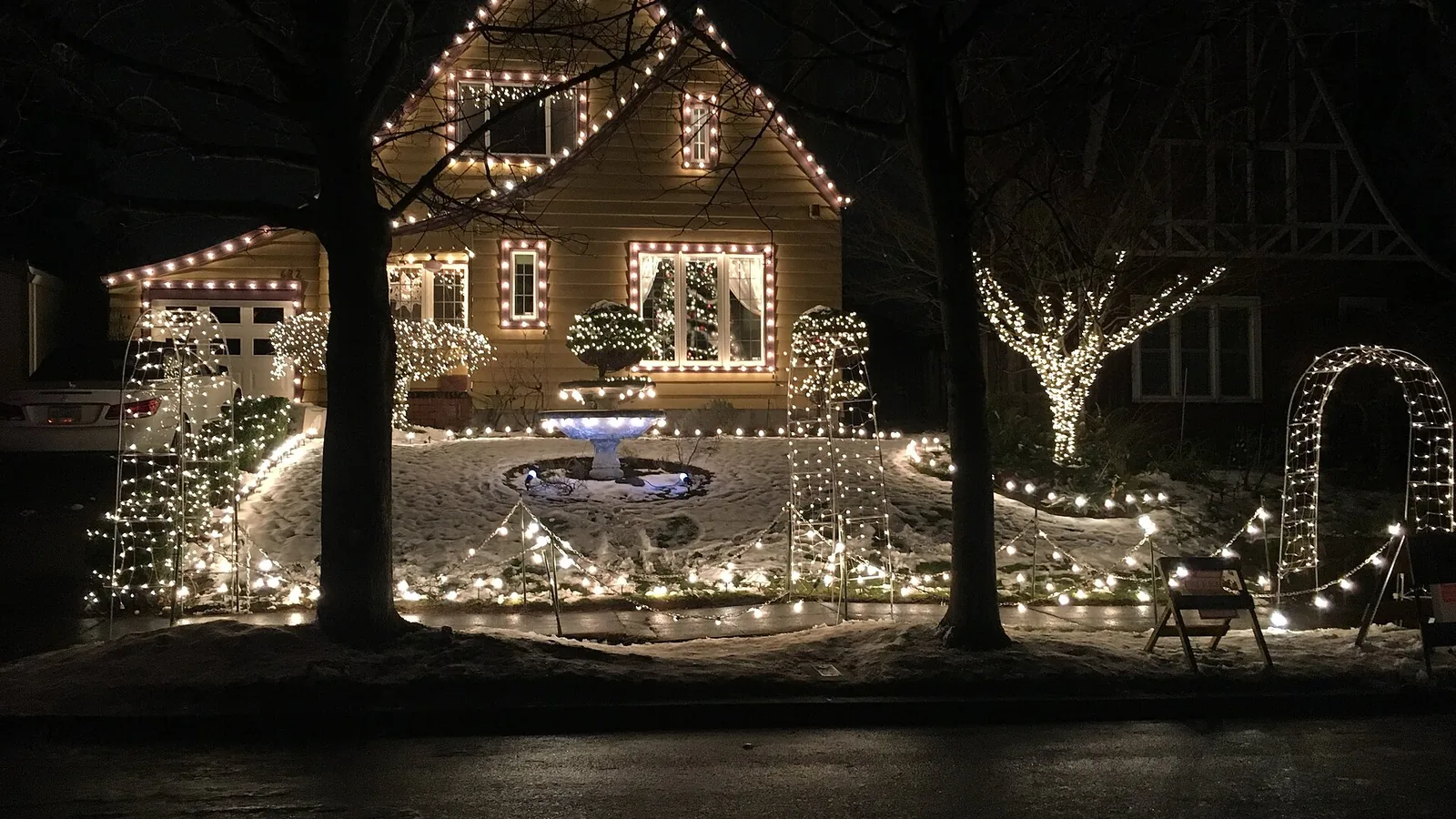 A house decorated with outdoor Christmas lights at night.